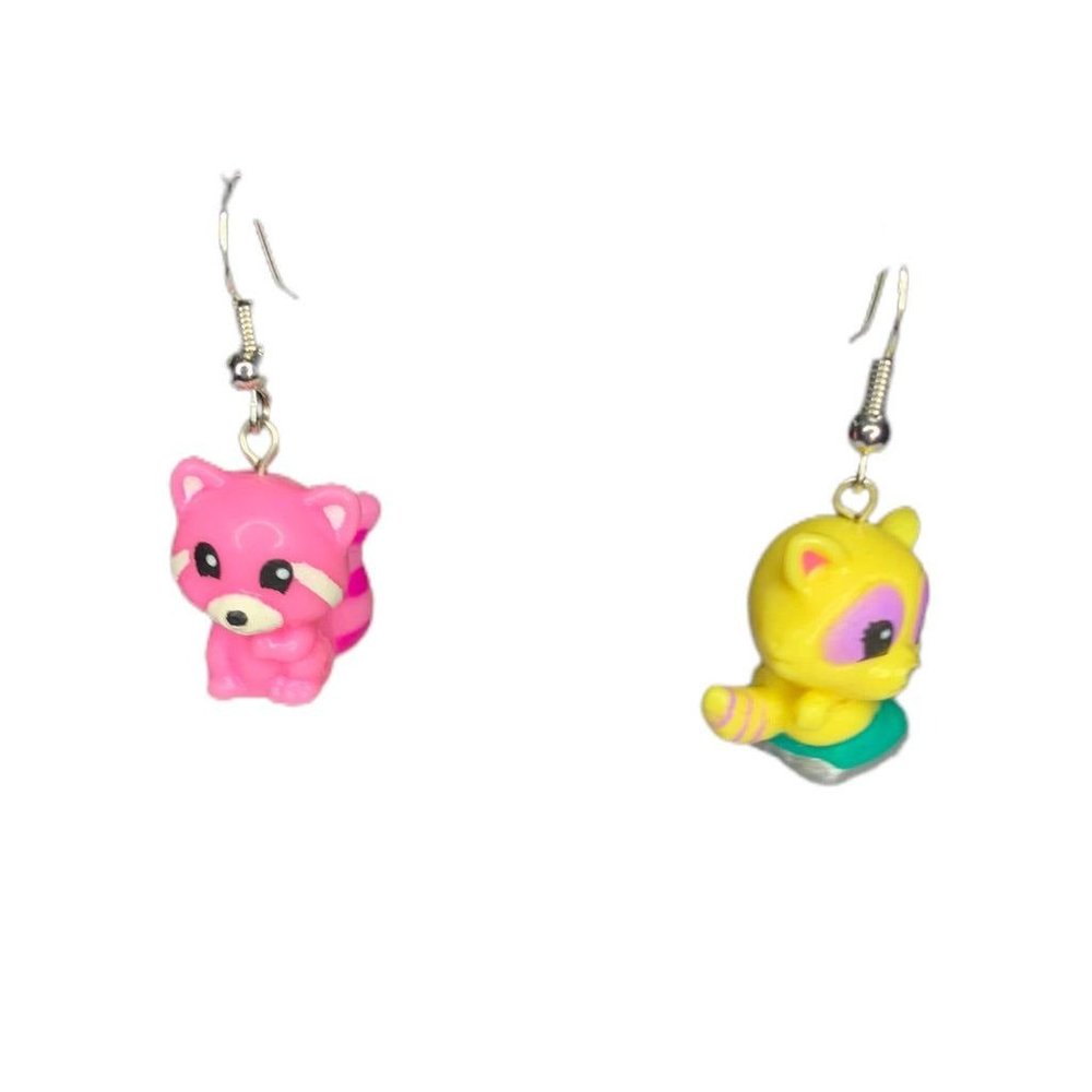 Animal Racoon Figural Earring Pink Yellow 1.5" Drop Dangle Hook Pierced